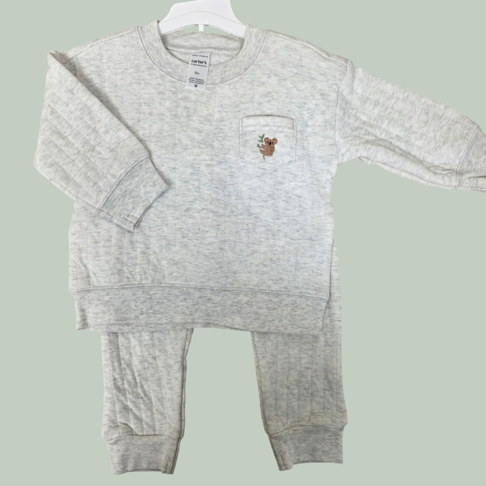 Carters Just One You Baby 9M Gray Quilted Koala Sweatshirt and Pants Set 2PC